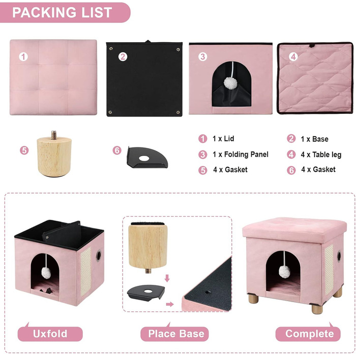 BRIAN & DANY Foldable Cat Cave Large Cat, Cat House Cave for Cats with Scratch Board and Play Ball, Storage Ottoman Seat Stool Footstool with Wooden Feet 37.5 x 32.5 x 36 cm, (Pink)