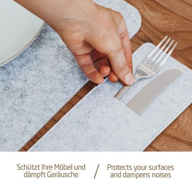 Felt Table Placemats - Set of 24 Table Coasters - Washable Felt Placemats - 8 Place Mats, Glass Coasters, Cutlery Pockets | Light Grey | Square Felt Coasters - Place Mats for Christmas