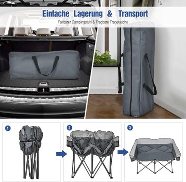 Кемпінговий стілець COSTWAY для двох осіб: складаний стілець з м'яким сидінням, спинкою, підлокітниками та тримачем для напоїв, вантажопідйомність 226 кг