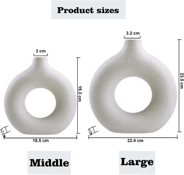 Ceramic Vase Set for Pampas Grass - 2pcs (Large & Medium), Modern Matte Donut Vases for Home Decor, Flowers, Table, Shelf, Fireplace, Living Room, Bedroom, Office, Wedding, Party, Gift - White