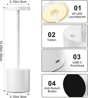 Бездротова LED лампа SLSMD для столу з акумулятором 5000mAh, регульована яскравість, USB-зарядка, для дому та відпочинку (2 білих світлодіода)