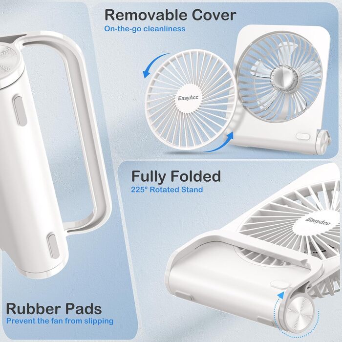 EasyAcc USB вентилятор: мініатюрний, тихий, настільний з гарантією 2 роки. Потужний, з 3 швидкостями, поворот на 360 градусів. Ідеальний для офісу, дому, робочого столу. (Білий, прямокутний, акумулятор 4000mAh)