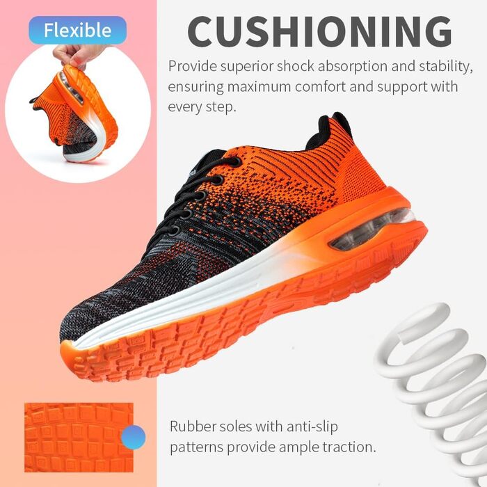 Захисні черевики Nasogetch для жінок та чоловіків: сталевий капок, робочі черевики, спортивний дизайн, дихаючий матеріал (38 EU, помаранчевий)