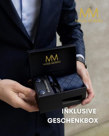 Набір краваток Massi Morino для чоловіків (з нагрудною хустиною, краваткозажимом та подарунковою коробкою) - темно блакитний, квадратний, для весілля