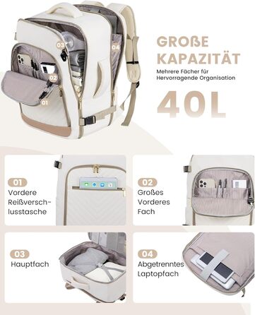 LOVEVOOK Рюкзак для ручної поклажі, 40L, жіночий, для подорожей, великий, водонепроникний, з відділенням для ноутбука 17 дюймів, валіза-рюкзак, для подорожей, роботи, бізнесу, білий, кофейний колір
