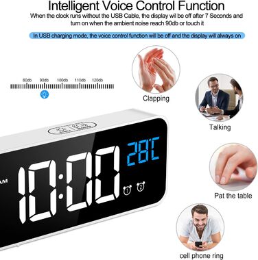 Цифровий годинник MOSUO з LED-дисплеєм, USB-зарядка, показник температури, голосове керування, 2 таймери, функція відкладання, регулювання яскравості та гучності, білий