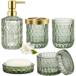 Набір аксесуарів для ванної кімнати 5 предметів, чорний дозатор для мила та лосьйону, мильничка, підставка для зубних щіток, стаканчик, склянка для ватних паличок, прозорий скляний бокс (Зелений)