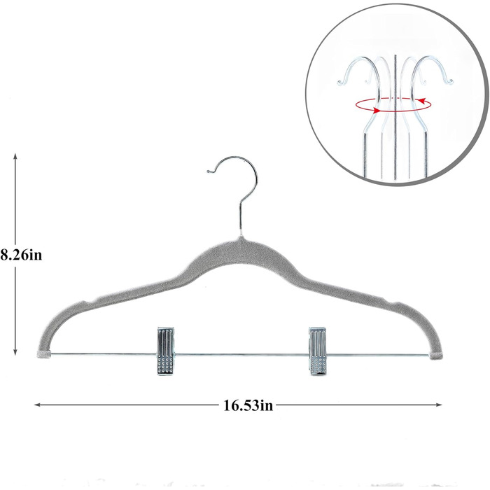 Вело Преміум плюшеві вішалки для одягу з металевими кліпсами, антиковзні та економні, з 1 магічною вішалкою та 2 тримачами для краваток, ідеальні для жінок та чоловіків, 20 шт. (20-PACK, Сірий)