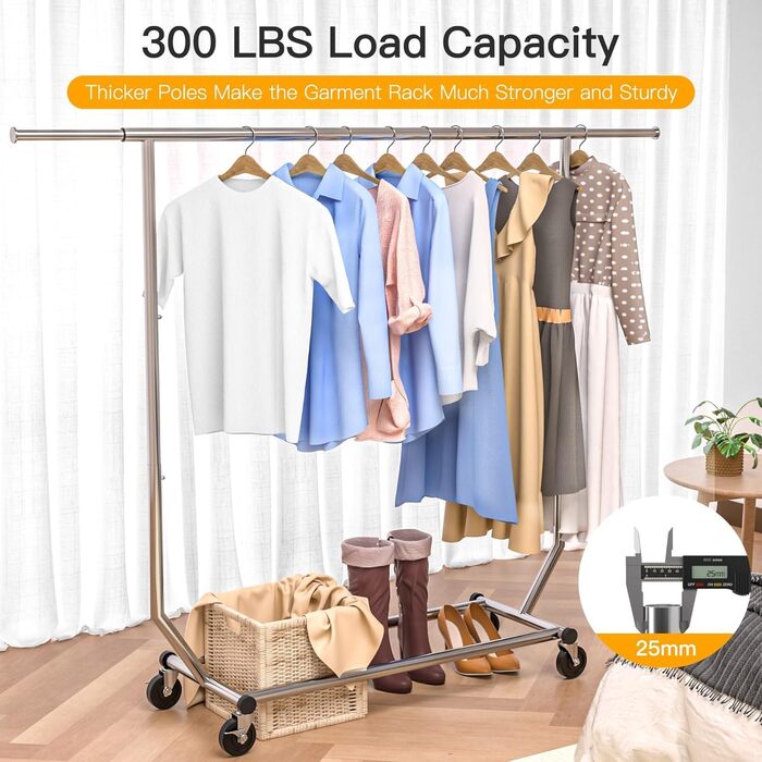 Camabel Clothes Rack with Wheels, 303lbs Clothes Stand, Metal, Adjustable Length 130-189cm (51-75in), Stainless Steel, Wheels, Rolling Garment Rack, Extendable, Clothes Hanger with Brake, Metal Wardrobe Stand