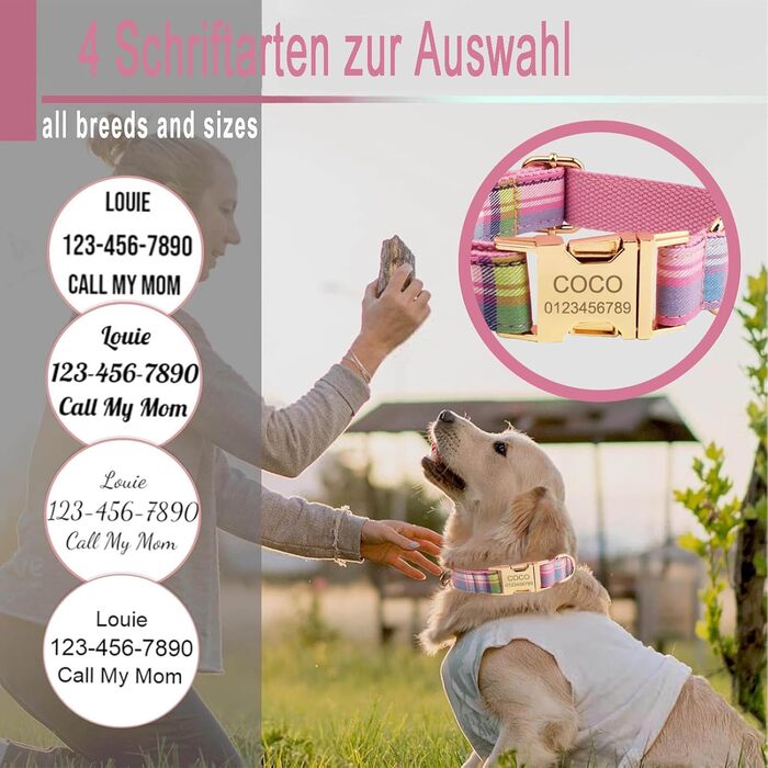 Персоналізоване собаче ошийник з металевою застібкою: з іменем та номером телефону. Регульовані розміри для собак середніх та великих порід.