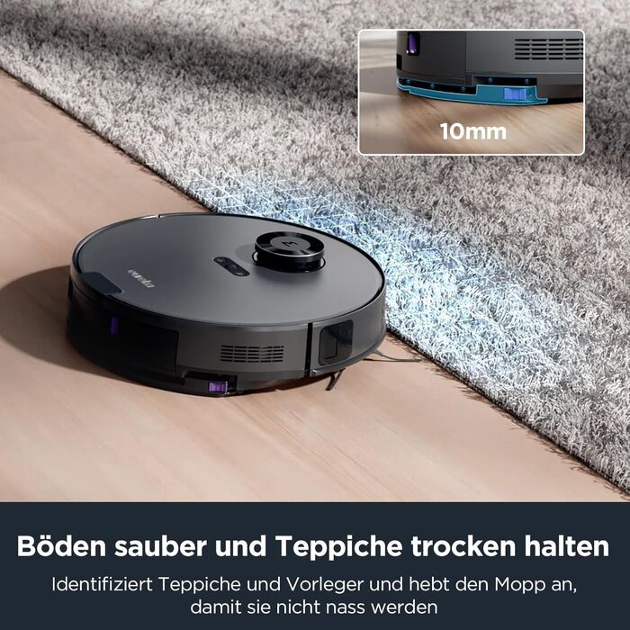 Робот-пилосос EUREKA E10s 2.Gen з вологою тканиною + станція самоочищення (4000Pa, автовизначення килима, підйом мопа, LiDAR-навігація, ідеально проти шерсті тварин, керування через додаток/голос) чорний