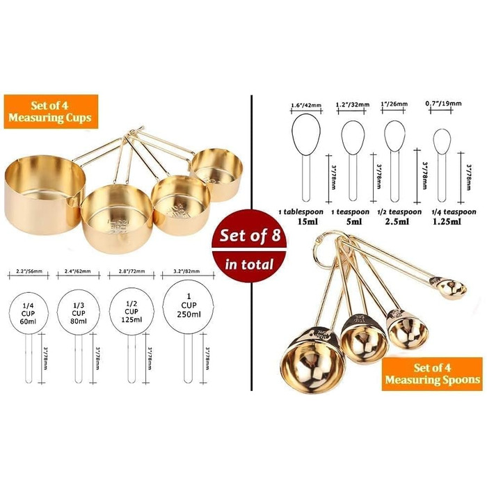 Мірний набір кухонних ложок та мірних стаканів з нержавіючої сталі, 4 шт. для сухих та рідких інгредієнтів, для випічки та приготування їжі