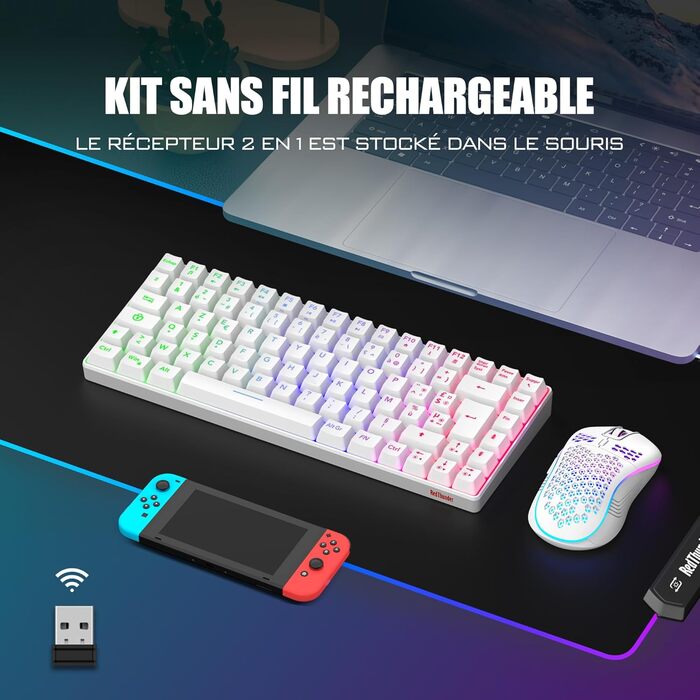 RedThunder K84 Combo: Бездротова клавіатура та миша USB, AZERTY (французька), 75% TKL, 3200 DPI (біла)