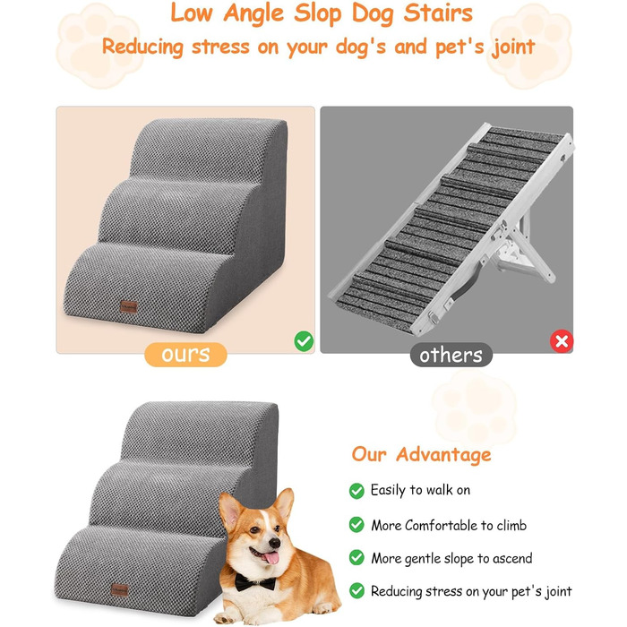 Сходинки для собак 3 сходинки, антиковзкі, сірого кольору. Підходять для маленьких собак, знімний та миючий чохол, 41 см заввишки