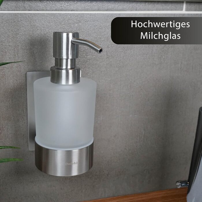 Dolvhin® Soap Dispenser Wall Mount No Drilling | Frosted Glass Hand Soap Dispenser | Stainless Steel Pump Dispenser & Wall Holder | Adhesive Wall Soap Dispenser | Dish Soap Dispenser 250ml | Silver Gray