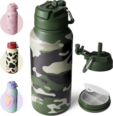 BOTTLE BOTTLE Stainless Steel Water Bottle 1L with Straw – Leak-Proof Insulated Bottle for Sports & Gym, with Pill Compartment, BPA-Free, Double-Walled (Jungle Camouflage)