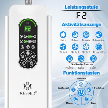 Настільний вентилятор KESSER Frosty з водяним охолодженням та ультразвуковим зволожувачем, з пультом ДУ та таймером, білий