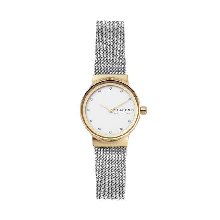 Жіночий кварцовий годинник Skagen Freja Lille 26 мм, сріблястий з золотистими елементами, сталевий або шкіряний ремінець