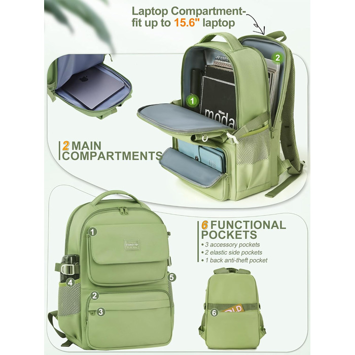 Шкільний рюкзак FIORETTO для дівчаток-підлітків, жіночий, з відділенням для ноутбука 15.6', водонепроникний, легкий, 25L, для школи та подорожей (зелений)