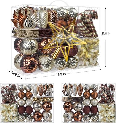 Набір прикрас для ялинки Alupssuc 128 шт. - ялинкові кулі, квіти, орнаменти, червоно-золотий (шампань, коричневий)