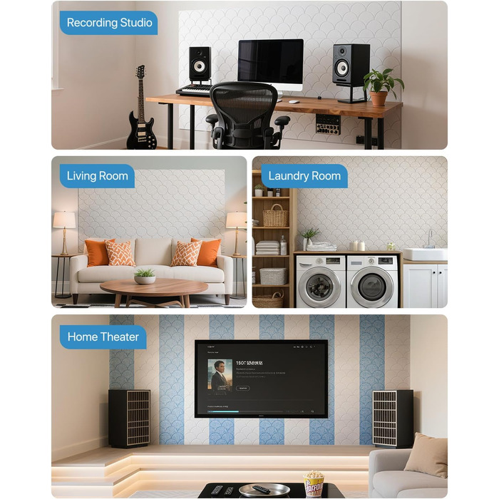 Акустичні панелі Soundsbay 12 шт., самоклейні звукопоглинаючі плити з поліестеру для шумоізоляції та декору стін, 30x30x0.9 см, білий колір