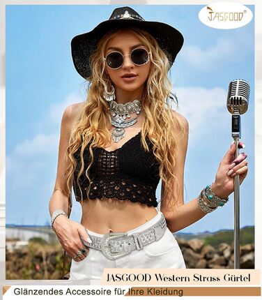 Жіночий шкіряний ремінь JasGood з камінням, стиль вестерн, ковбойський, з заклепками, сріблястий, 115 см (підходить для розміру штанів 81-95 см)