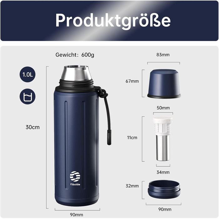 Термос Healter з чашкою 1л (72 години холод & 24 години гаряче) - термофляга для кави, чаю, термокружка з знімним дном та фільтром. Підходить для подорожей, офісу та школи (Зелений, Темно-синій)