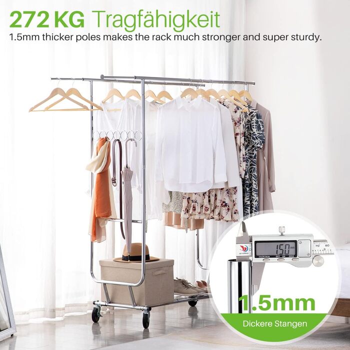 Стійка для одягу HOKEEPER на колесах, подвійна, вантажопідйомність до 283 кг (D002)