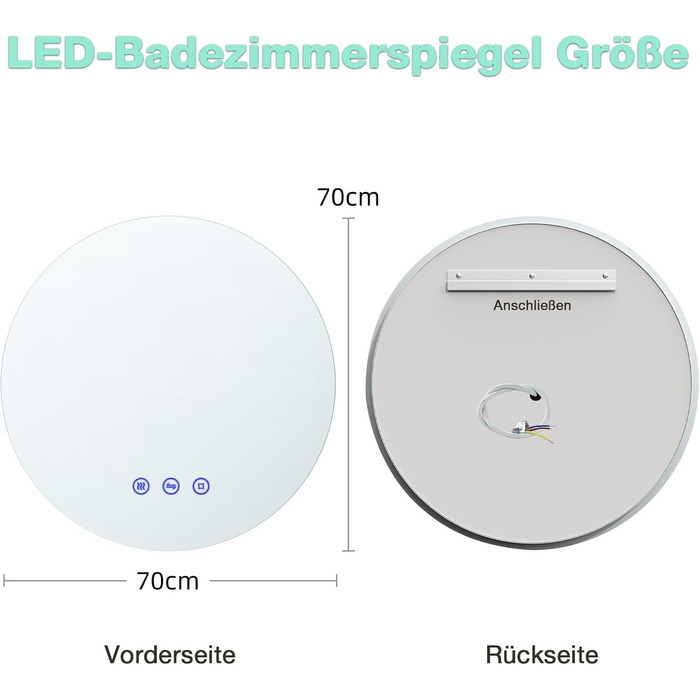 Круглий дзеркало для ванної кімнати з підсвічуванням 80 см, 3 кольори світла, регулювання яскравості, проти запотівання, сенсорне управління, пам'ять, LED, енергозберігаючий