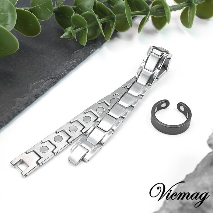 Браслет магнітний чоловічий Vicmag з титанової сталі, подвійний ряд магнітів, регулювальний інструмент, подарункова коробка (однорядний, срібний)