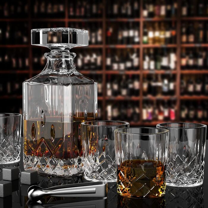 Whiskey Decanter Set, 750ml Decanter with 4 x 220ml Whiskey Glasses, 12 Stones, Beautiful Gift Box, Father's Day Gift for Men, Transparent