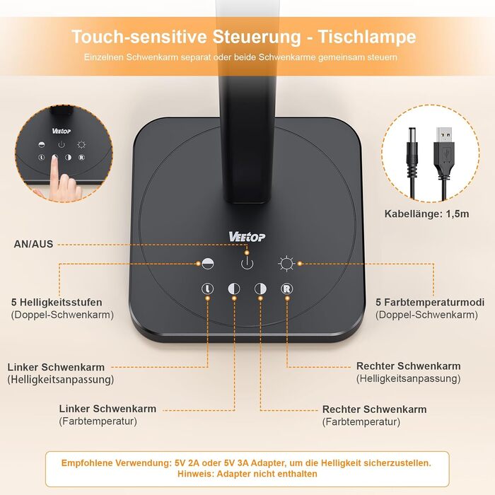 LED лампа настільна Veetop з подвійним світлом, регульована, денне світло, 72 см, шарнірний кріплення, 5 рівнів яскравості, 5 колірних температур, диммування, офісна лампа