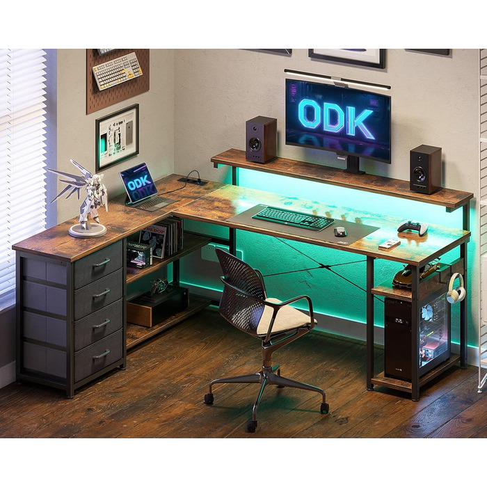 Стіл письмовий ODK L-подібний з шухлядами, 2 розетки та 2 USB, LED, 155x110 см (Vintage-brown)