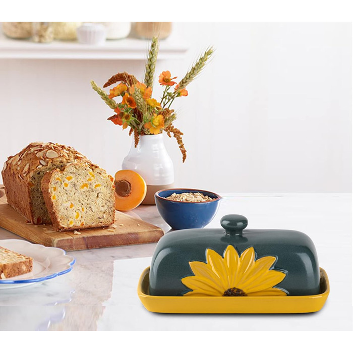 Farmhouse Ceramic Butter Dish with Lid, Large Sunflower Butter Dish