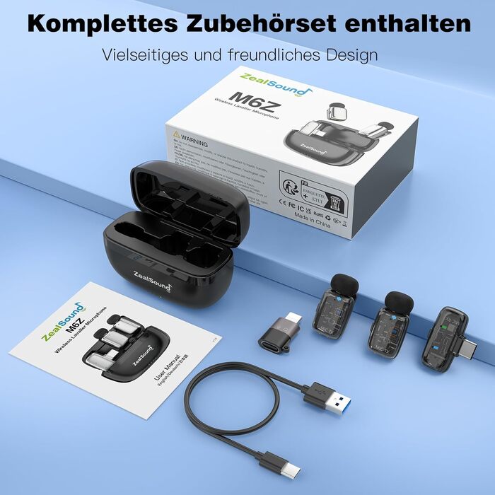 Мікрофон ZealSound M6 бездротовий для iPhone, Android, iPad: USB-C/Lightning, шумозаглушення, 33 години роботи, 100м, для Vlogging, TikTok, Podcast, YouTube, чорний/прозорий