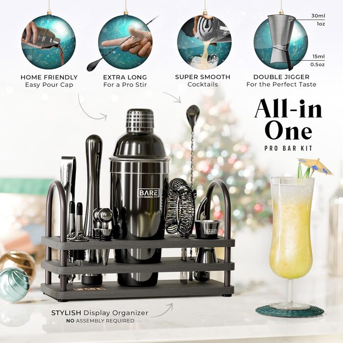 Набір бармена BARE BARREL® з 14 частин: шейкер, аксесуари для Мартіні, інструменти для приготування коктейлів, 35 рецептів, подарунковий набір (680 мл, чорний)