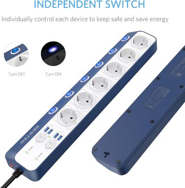 Мережевий фільтр BESTEK з 6 розетками, 4 USB, захистом від перенапруги 900 Дж, вимикач, синій та білий