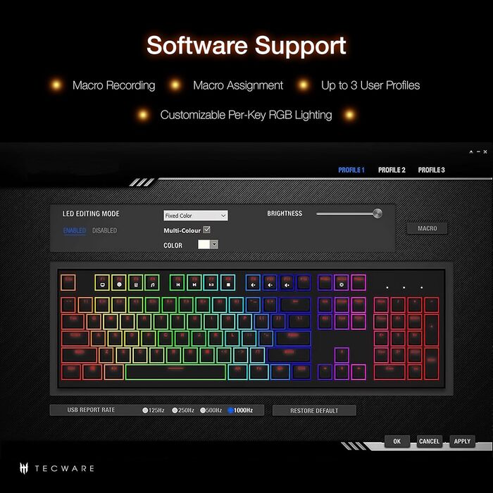 Механічна клавіатура TECWARE Phantom+ 87 клавіш RGB (Чорна) з перемикачами Wraith Red (лінійні, 45g)