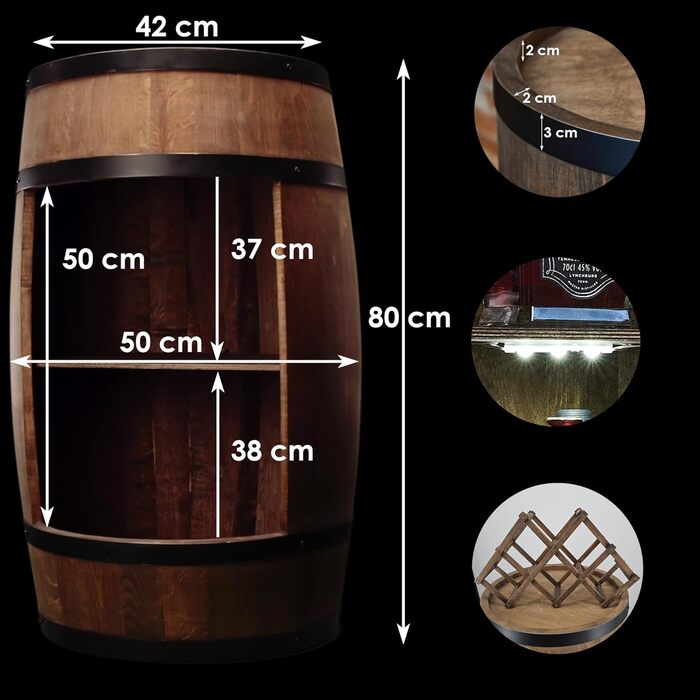 CREATIVE COOPER Fass bar LED RGB with Wine Holder - Wine Rack - Barrel Bar House Bar 80x50cm - Rustic Decor Bar Cabinet Wine Stand – Wine Cabinet (Dark Brown)