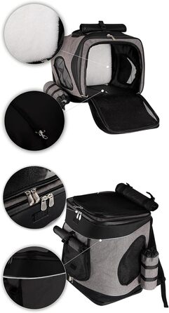 Сумка-рюкзак для тварин Lionto, 34x30x42 см, з водонепроникного оксфорду та сітки, з тримачем для пляшки та подушкою, для тварин до 10 кг, сіра/зелена