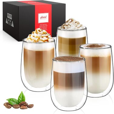 4-Piece Double-Walled Latte Macchiato Glasses, 350ml, Borosilicate Glass Coffee Cups, Glass Coffee Glasses, Tea Glasses for Cappuccino, Latte, Tea, ICE, Iced Tea, Iced Americano, Milk, Juice, Beer