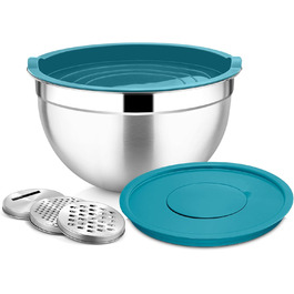 Миска Joyfair 4,5 л з нержавіючої сталі з кришкою, набором терок для приготування їжі, миска для салатів, посудомийна машина - блакитна
