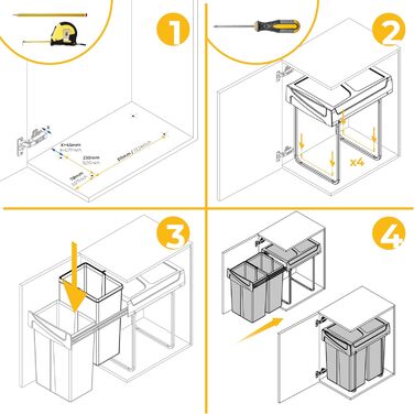Відро для сміття на кухню Emuca з нижнім кріпленням, 2 висувні контейнери по 20 л, загальний об'єм 40 л (2 x 20 л), сталь та пластик, сірий (антрацитовий сірий).