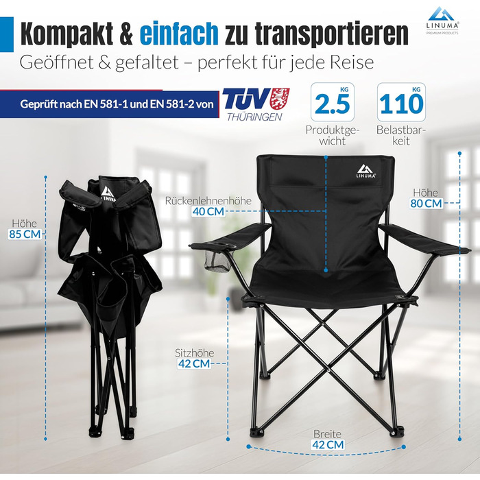 LINUMA® 2 шт. Складний стілець для риболовлі та кемпінгу - чорний, з підстаканником та сумкою для перенесення. Стілець для відпочинку, саду, риболовлі.
