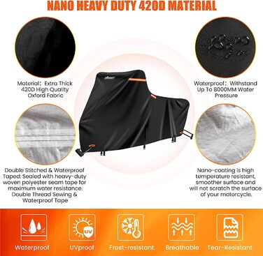 Водонепроникний чохол для мотоцикла Harley Davidson Touring, 420D, преміум-якість, захист від дощу, пилу та UV, для моделей із боковими кофрами (274x111x142 см), чорний