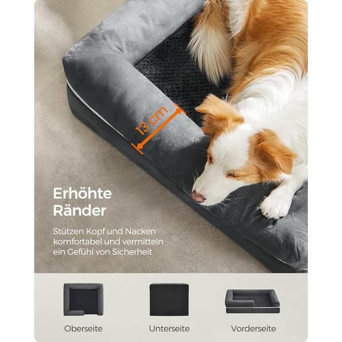Feandrea Orthopedic Dog Bed, Dog Cushion, Dog Basket, Soft Padding, Dog Sofa, Raised Edges, Removable and Washable Cover, 91 x 71 x 20 cm, Non-Slip Bottom, Dark Grey PGW076G01