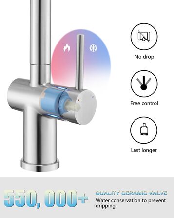 Змішувач кухонний з висувною лійкою, високого тиску, з двома режимами струменя, поворотний на 360°, L-подібний, з нержавіючої сталі (шліфований)