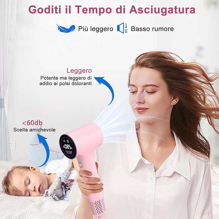 Фен для волосся з плазмою та безщітковим мотором 110 000 об/хв, швидке сушіння, тихий, з магнітною насадкою, для дому та подорожей (Темний, Рожевий)