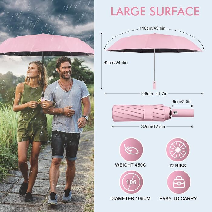 Зонт LAMA: Стійкий до вітру, автоматичний, 105 см, 12 спиць, нейлон, анти-UV, рожевий