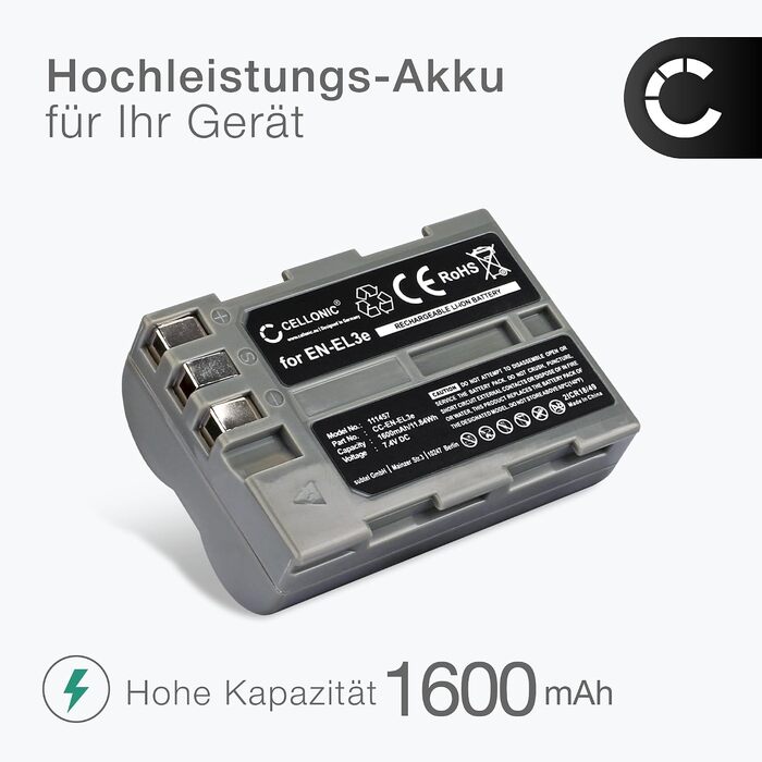 Комплект акумуляторів CELLONIC (2 шт.) 1600mAh та зарядний пристрій для Nikon D700, D90, D300, D200, D80, EN-EL3